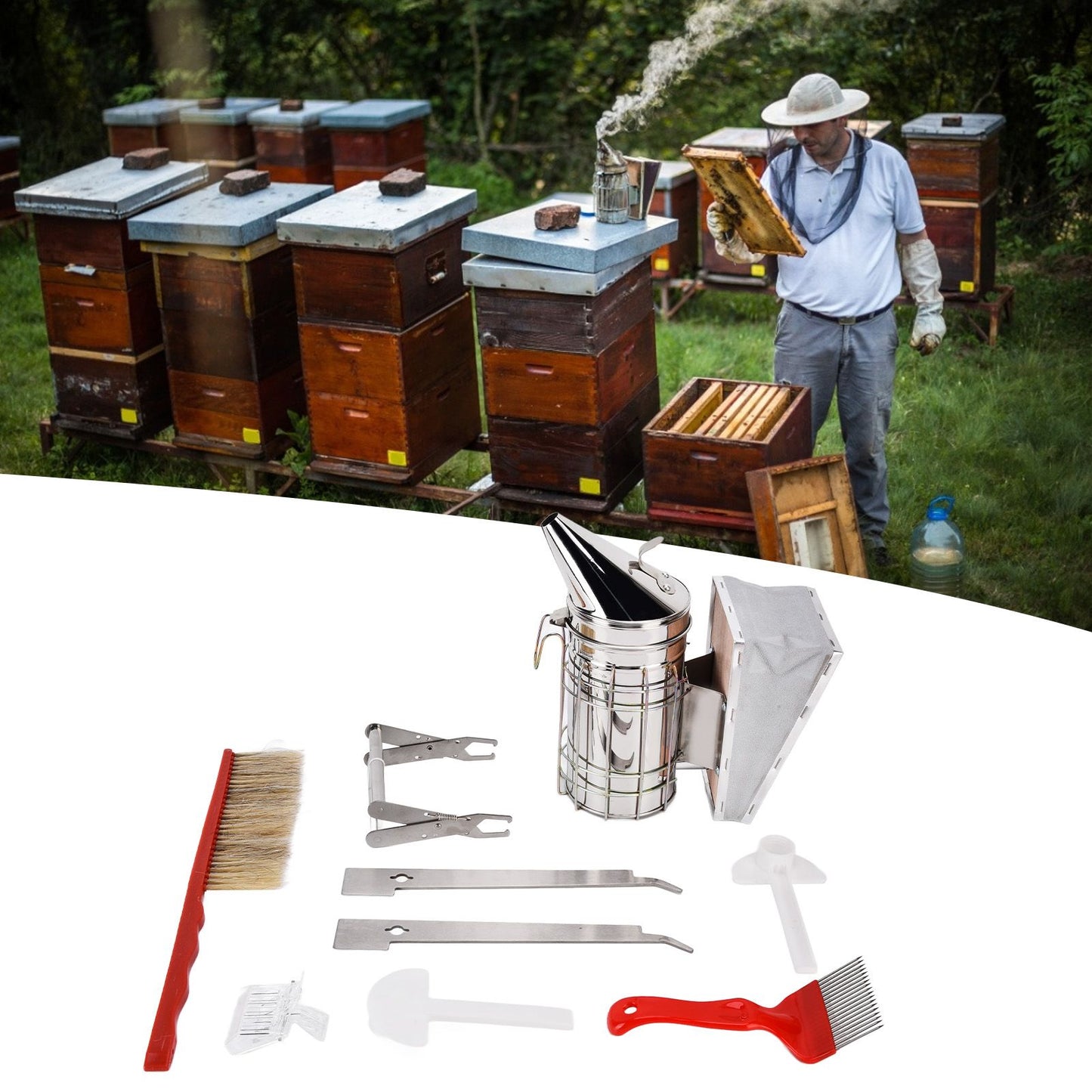 Beekeeping Tool Kit Comb Frame Clip Red Needle Knife Water Feeder Bee Brush Scraper Bee Smoker Queen Bee V1294-YM0523-3111210386711