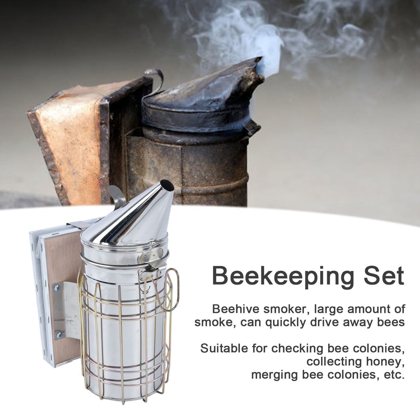 6Pcs/Set Beekeeping Starter Kit Beehive Smoker Frame Grip Uncapping Fork Bee Feeder Brush Scraper Tools V1294-YM0523-3111210386811