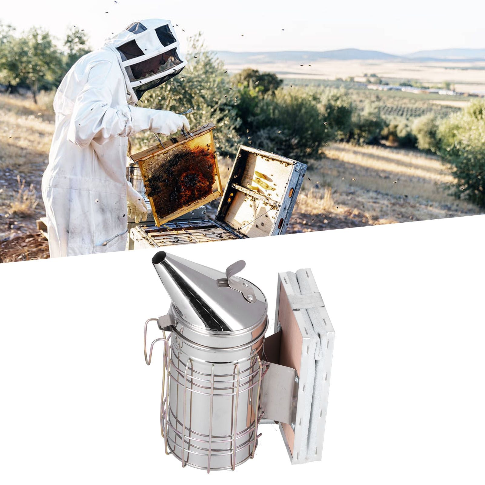 3PCS/Set Beehive Smoker Set Bee Brush Scraper Stainless Steel Smoker Beekeeper Starter Kit for Beekeeping V1294-YM0523-3111210387111