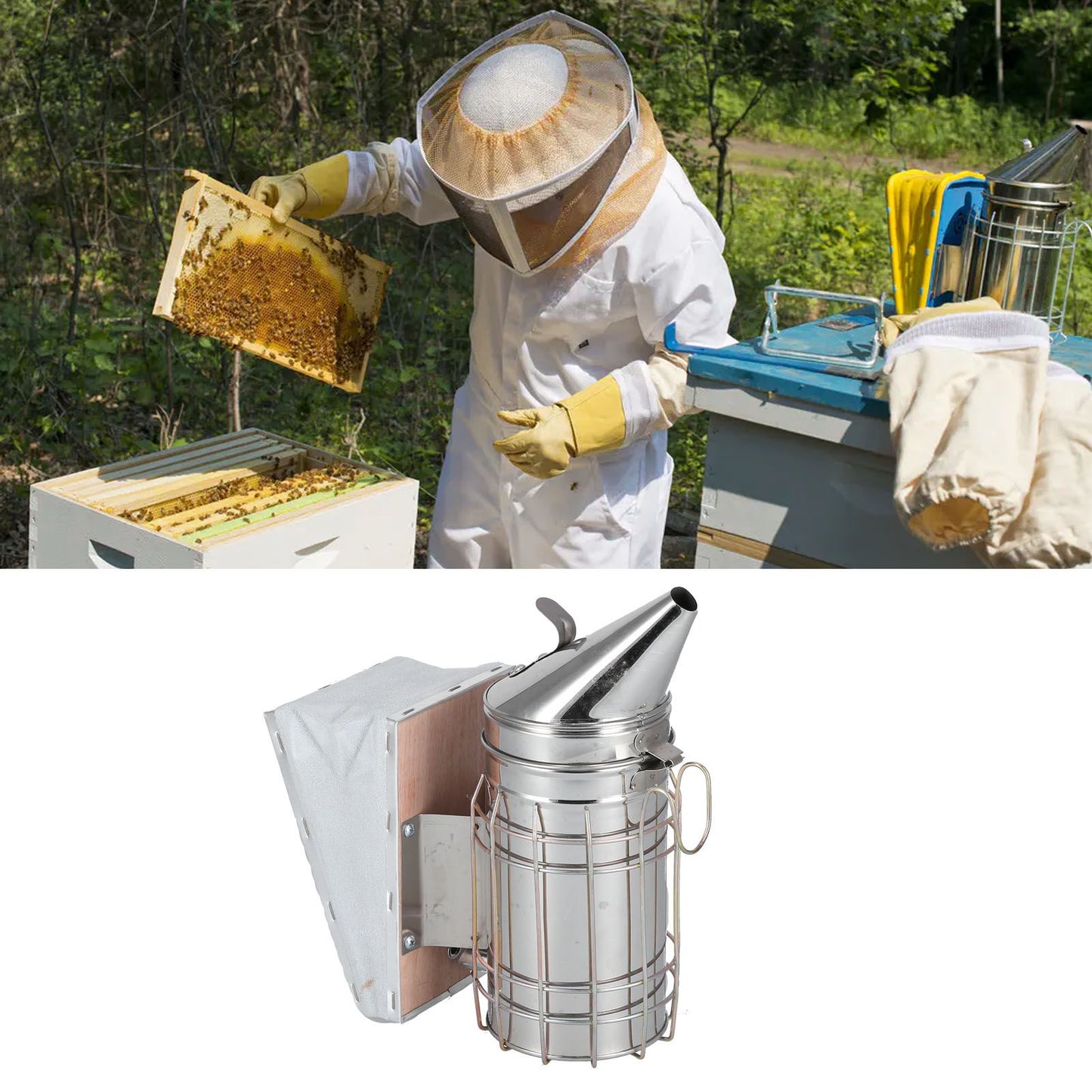 3PCS/Set Beehive Smoker Set Bee Brush Scraper Stainless Steel Smoker Beekeeper Starter Kit for Beekeeping V1294-YM0523-3111210387111