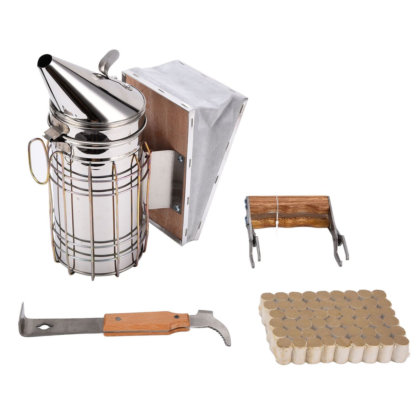 4PCS/Set Beehive Smoker Set Frame Clip Scraper Moxa Cone Stainless Steel Smoker Beekeeper Starter Kit for V1294-YM0523-3111210387311