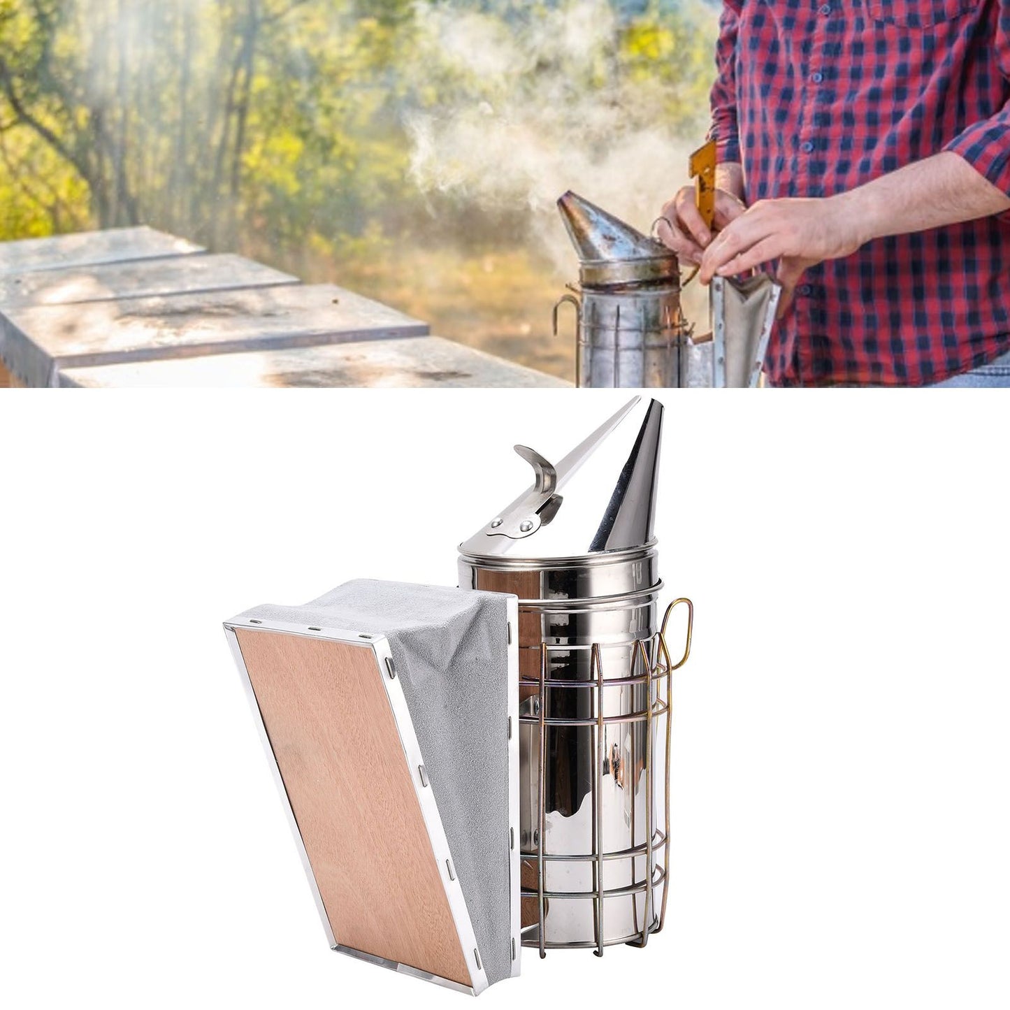 4PCS/Set Beehive Smoker Set Frame Clip Scraper Moxa Cone Stainless Steel Smoker Beekeeper Starter Kit for V1294-YM0523-3111210387311