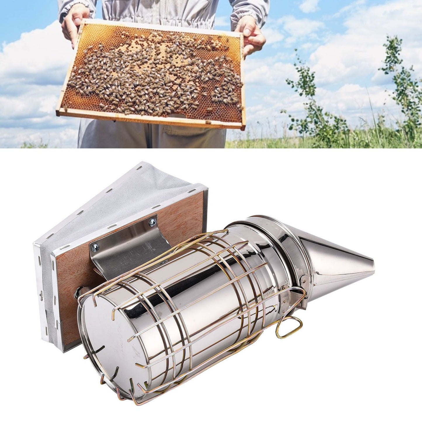 4PCS/Set Beehive Smoker Set Frame Clip Scraper Moxa Cone Stainless Steel Smoker Beekeeper Starter Kit for V1294-YM0523-3111210387311
