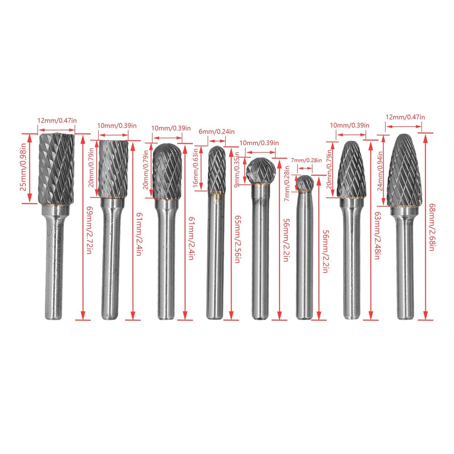 8pcs Tungsten Carbide Burr Bits Dia 6mm Rotary File Set for Wood Carving Metal Working V1294-YM0523-3111210398411