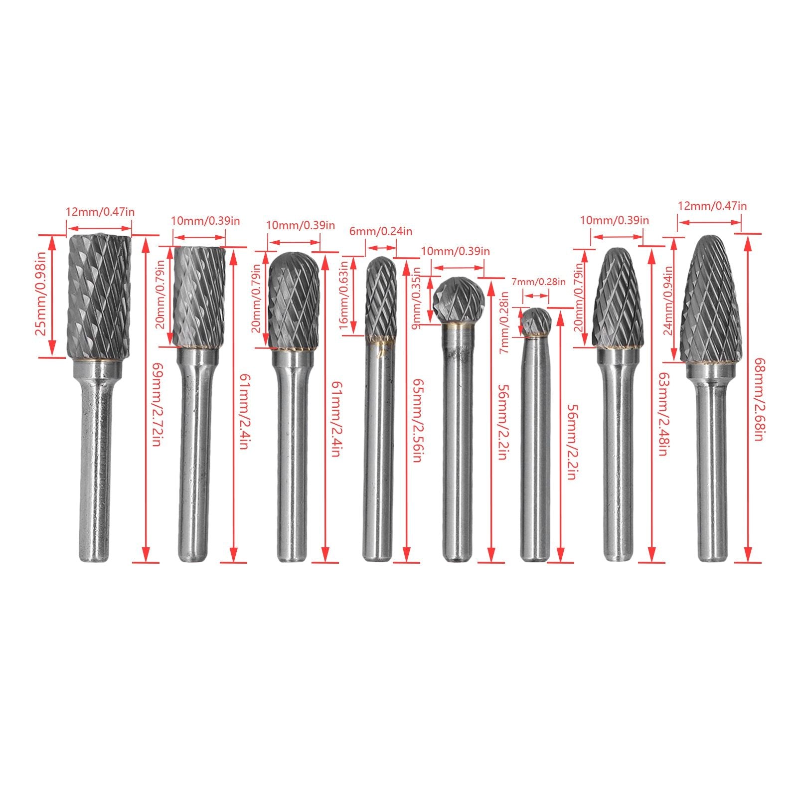 8pcs Tungsten Carbide Burr Bits Dia 6mm Rotary File Set for Wood Carving Metal Working V1294-YM0523-3111210398411