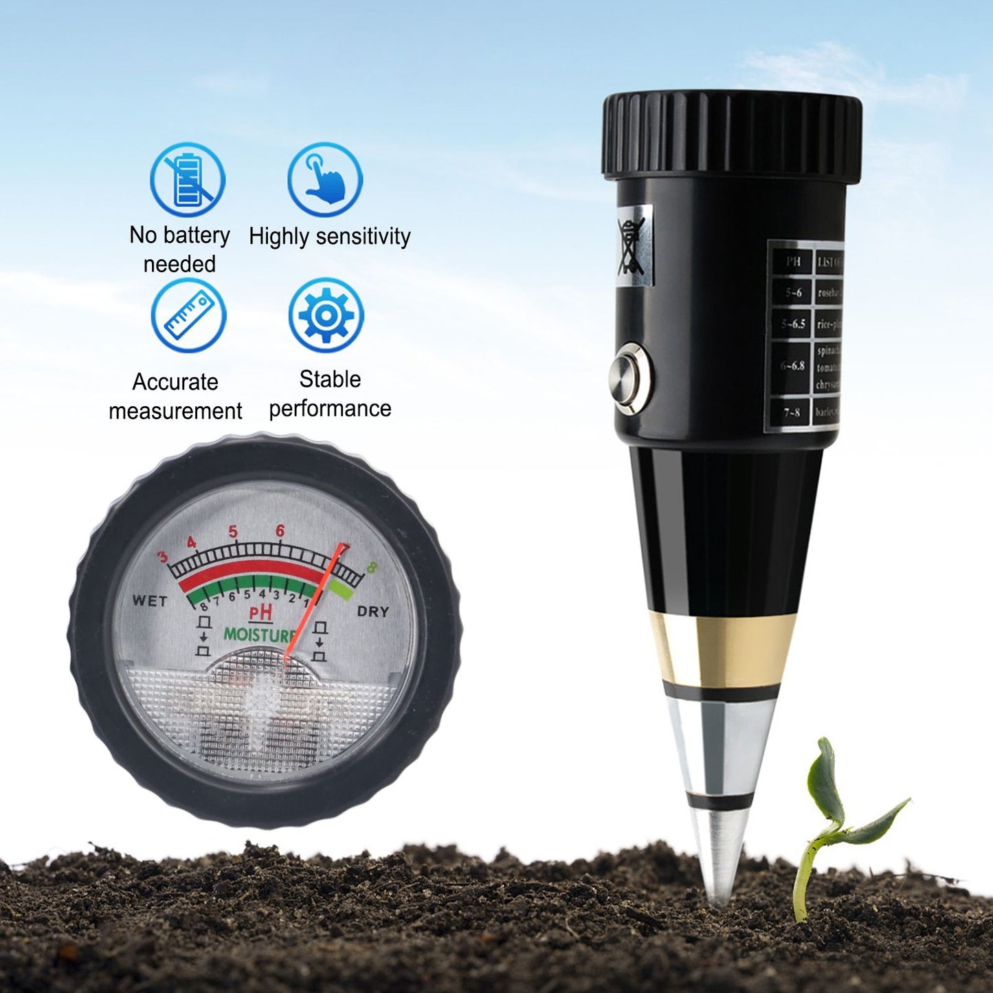 Soil PH Moisture Meter High Accuracy Needle Type 2 In 1 Soil Tester with 3 to 8 PH Range 1 to 8 Moisture Range V1294-YM0523-3111210416311