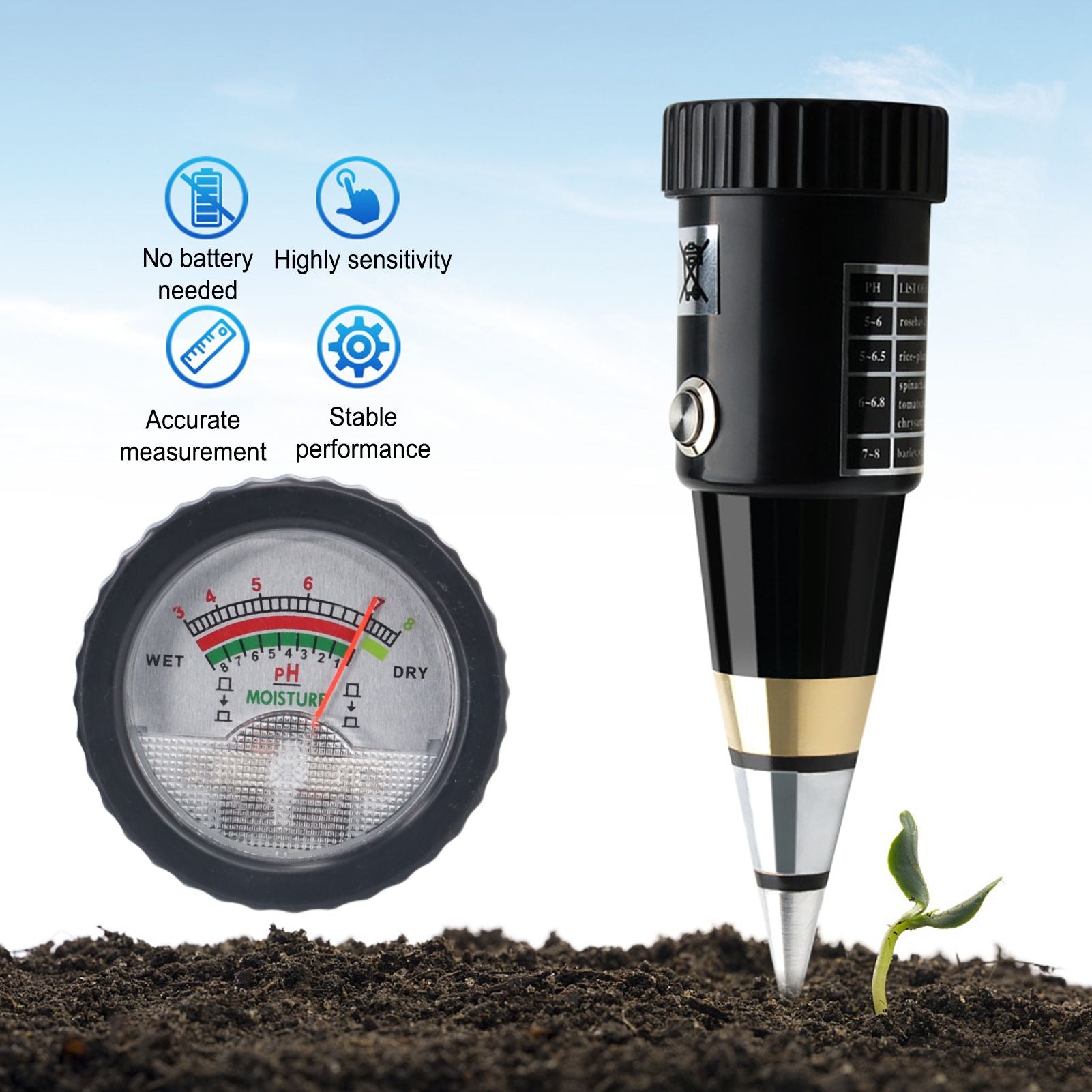 Soil PH Moisture Meter High Accuracy Needle Type 2 In 1 Soil Tester with 3 to 8 PH Range 1 to 8 Moisture Range V1294-YM0523-3111210416311