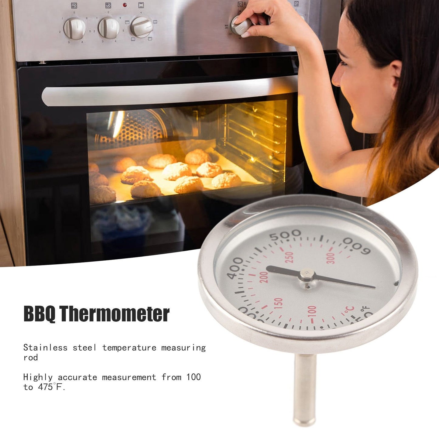 Grill Thermometer Stainless Steel Bimetallic High Accuracy 100-475 degrees F Easy Assembly Wide Application V1294-YM0523-3111220001311