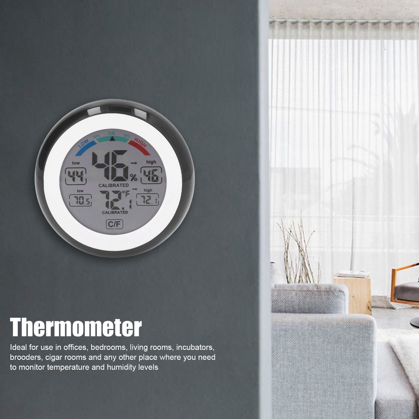 Indoor Outdoor Thermometer Hygrometer Round Touch Screen Wireless Electronic Temperature Humidity Meter with V1294-YM0523-3111220005611