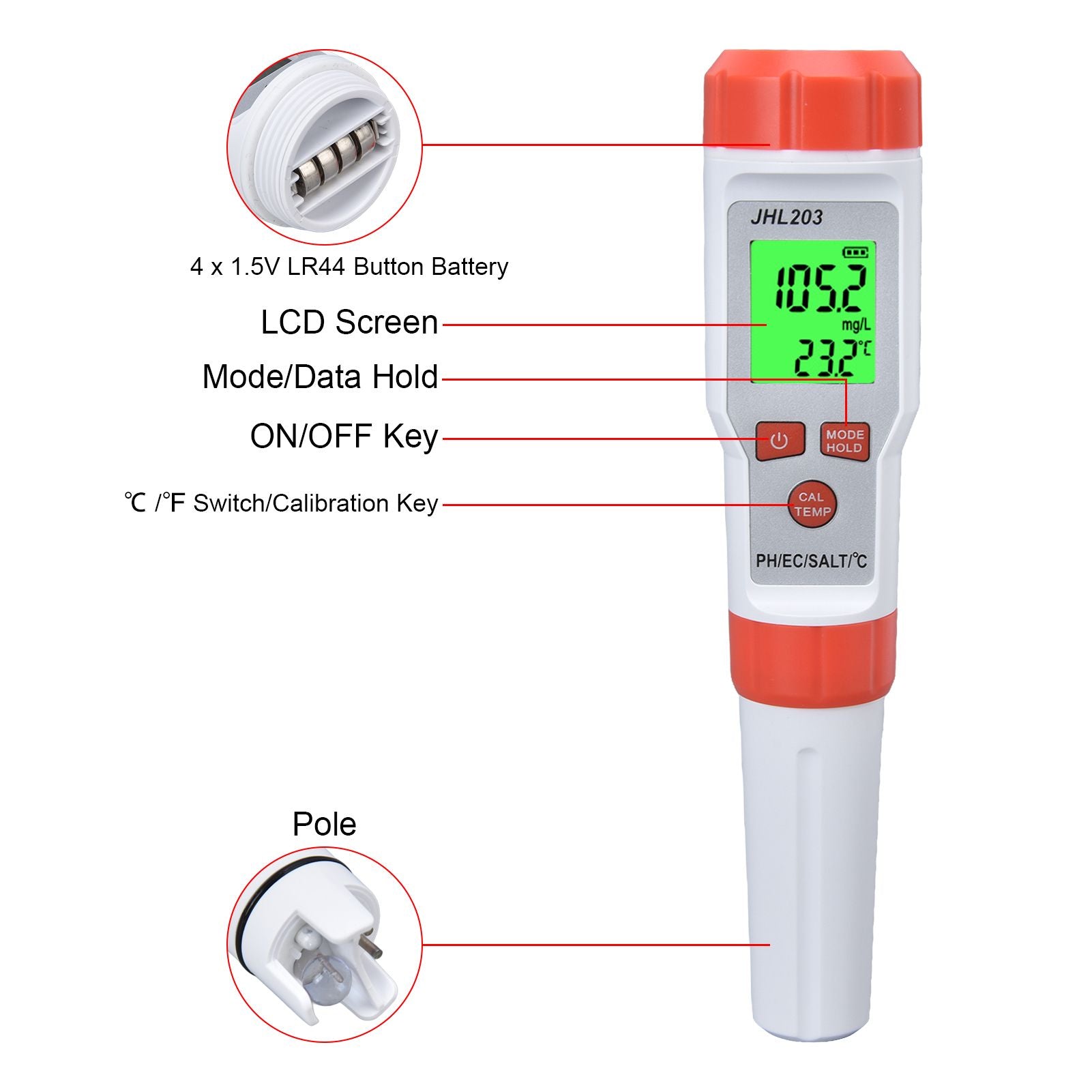 PH Tester 4 in 1 Portable Automatic Recognition Temperature Compensation Accurate Widely Used EC Meter for PH V1294-YM0523-3111220027111