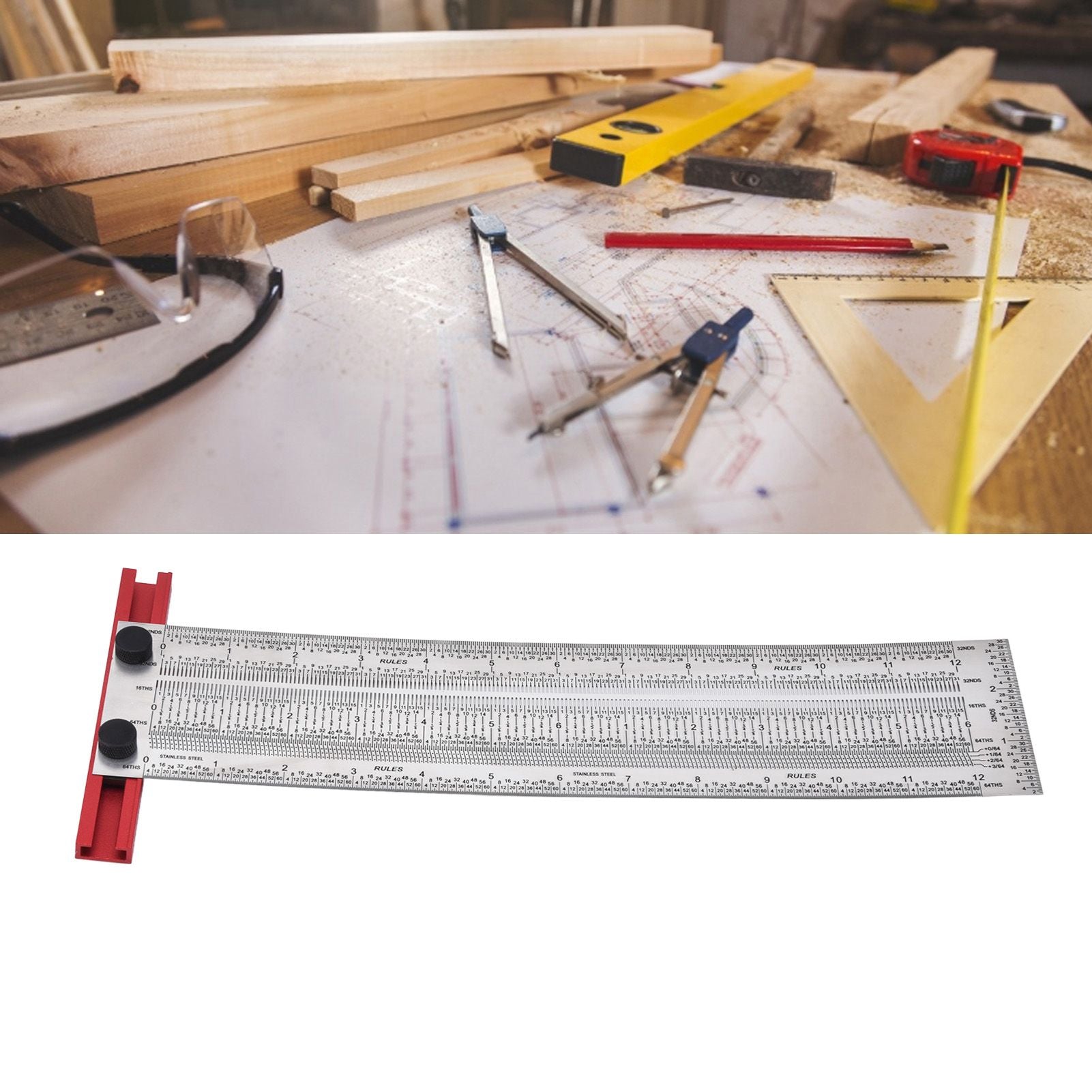 T Rule Stainless Steel Silver Scribing Ruler Woodworking Measuring Tool Positioning Gauge 12in V1294-YM0523-3111220060913