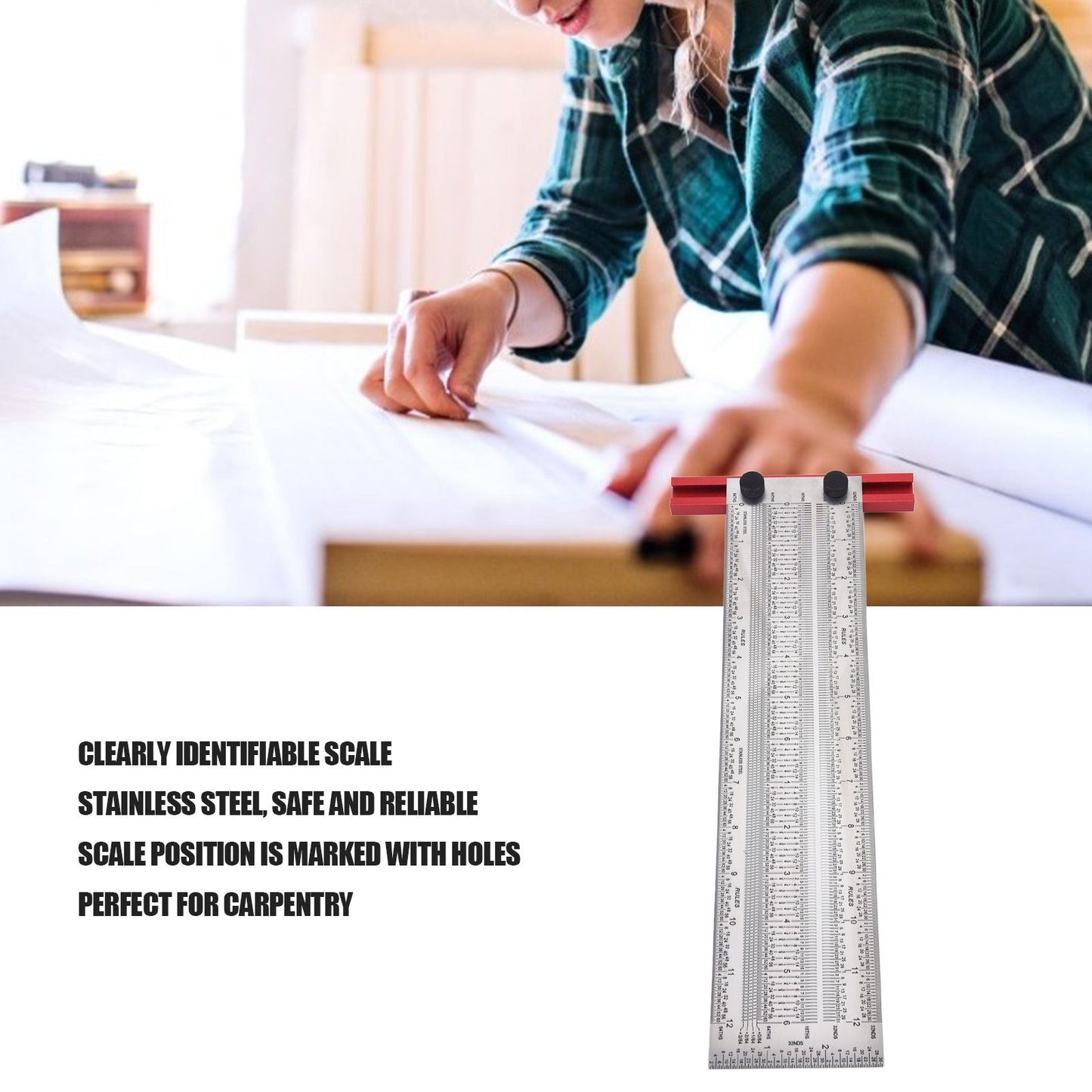 T Rule Stainless Steel Silver Scribing Ruler Woodworking Measuring Tool Positioning Gauge 12in V1294-YM0523-3111220060913