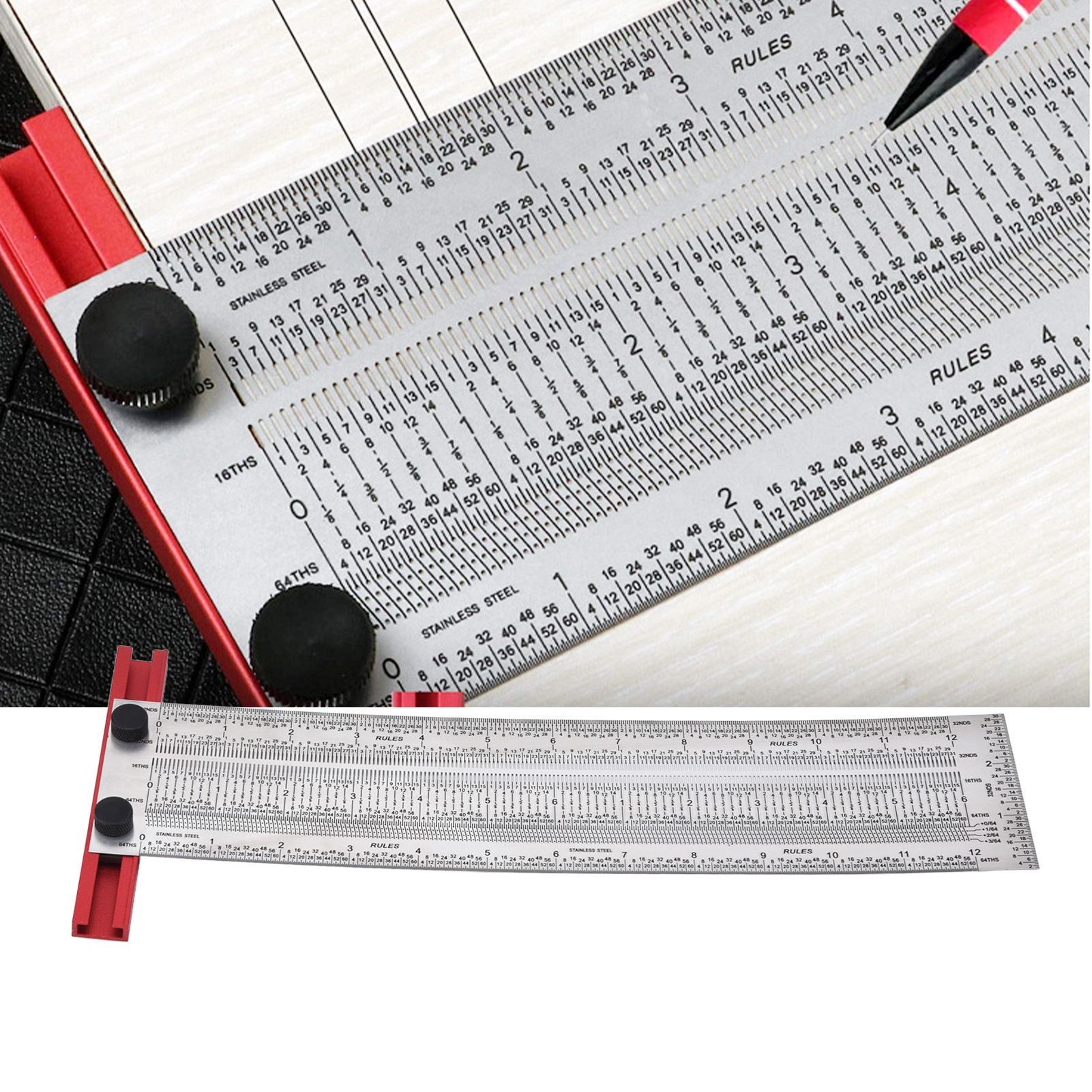 T Rule Stainless Steel Silver Scribing Ruler Woodworking Measuring Tool Positioning Gauge 12in V1294-YM0523-3111220060913