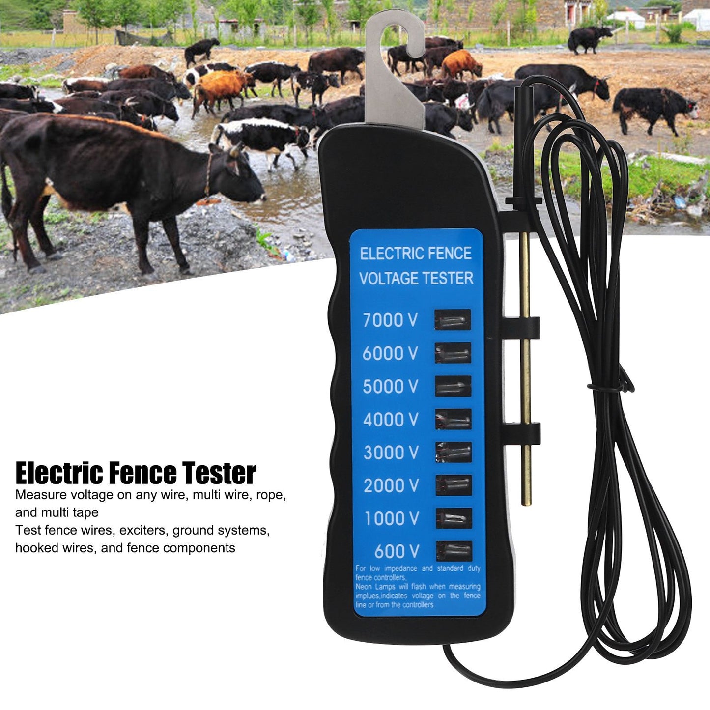 Electric Fence Tester Multi Light Voltage Detection Portable for Farm Supply Fencing ABS 7000V V1294-YM0523-3111220063011