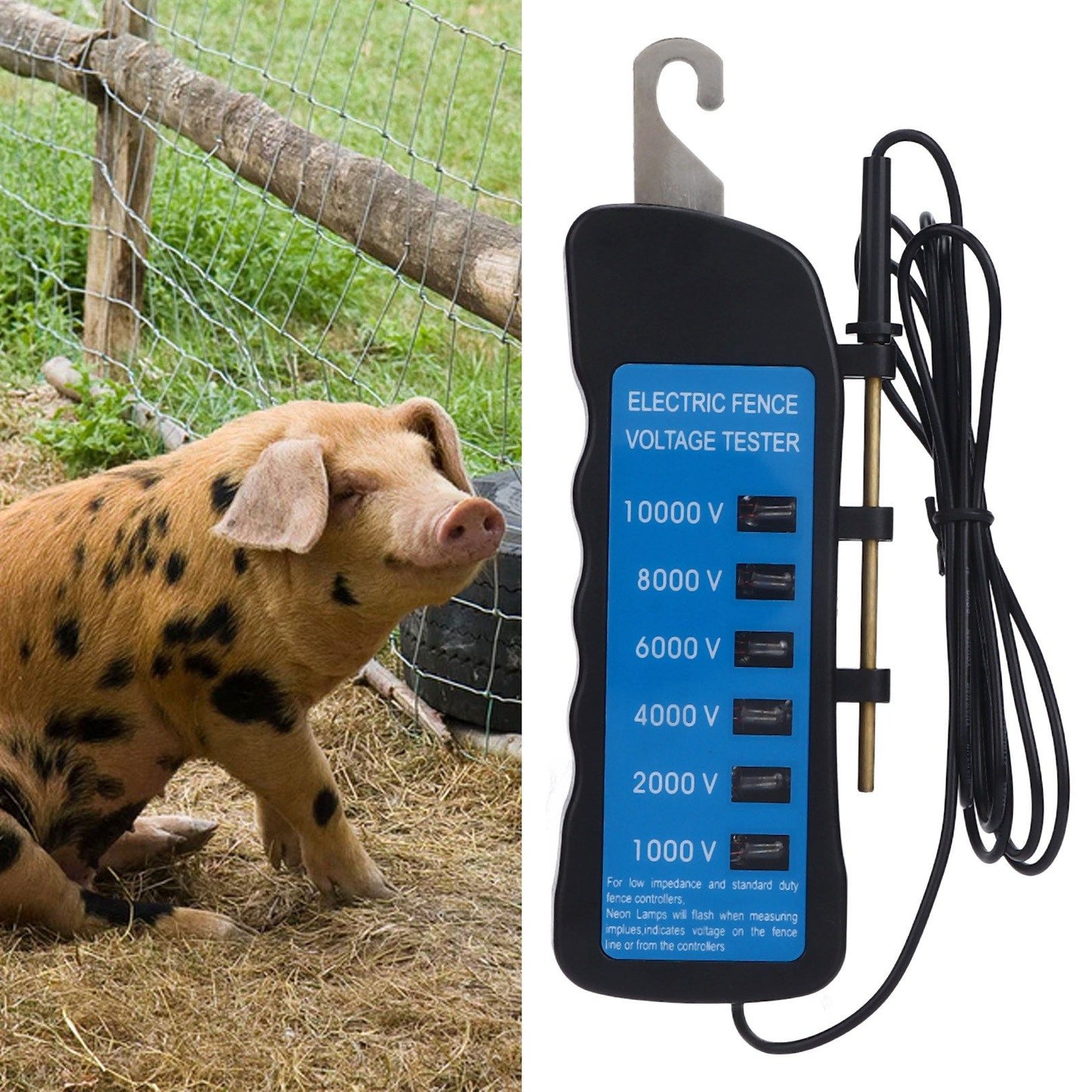 Electric Fence Tester Voltage Meter 10000V Waterproof Portable Tool with 6pcs Light for Farm V1294-YM0523-3111220063111