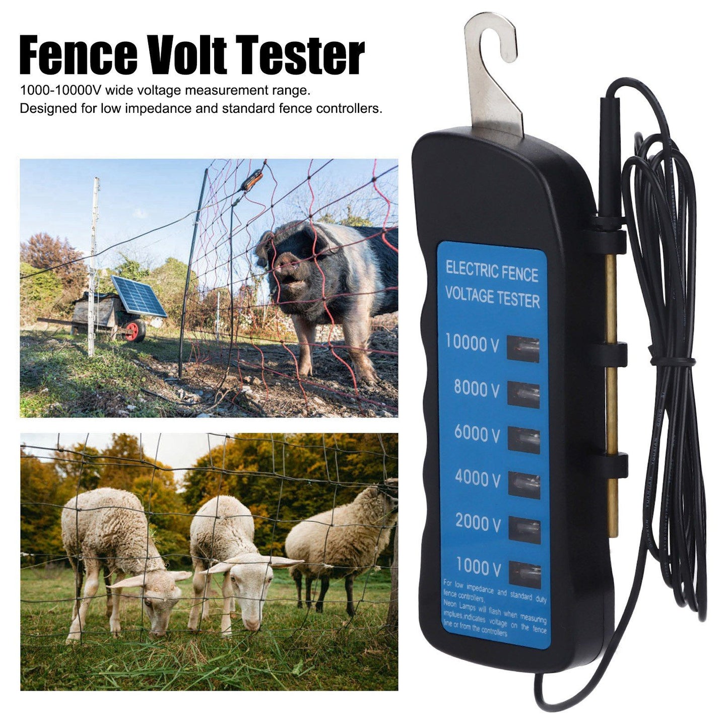 Electric Fence Tester Voltage Meter 10000V Waterproof Portable Tool with 6pcs Light for Farm V1294-YM0523-3111220063111