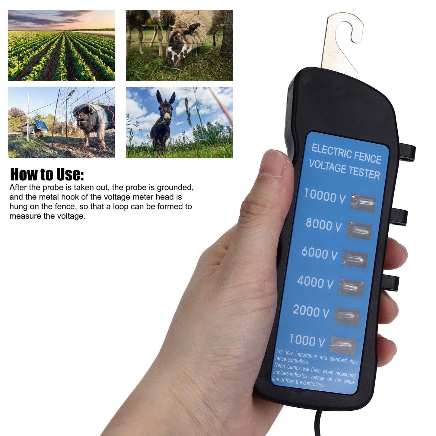 Electric Fence Tester Voltage Meter 10000V Waterproof Portable Tool with 6pcs Light for Farm V1294-YM0523-3111220063111