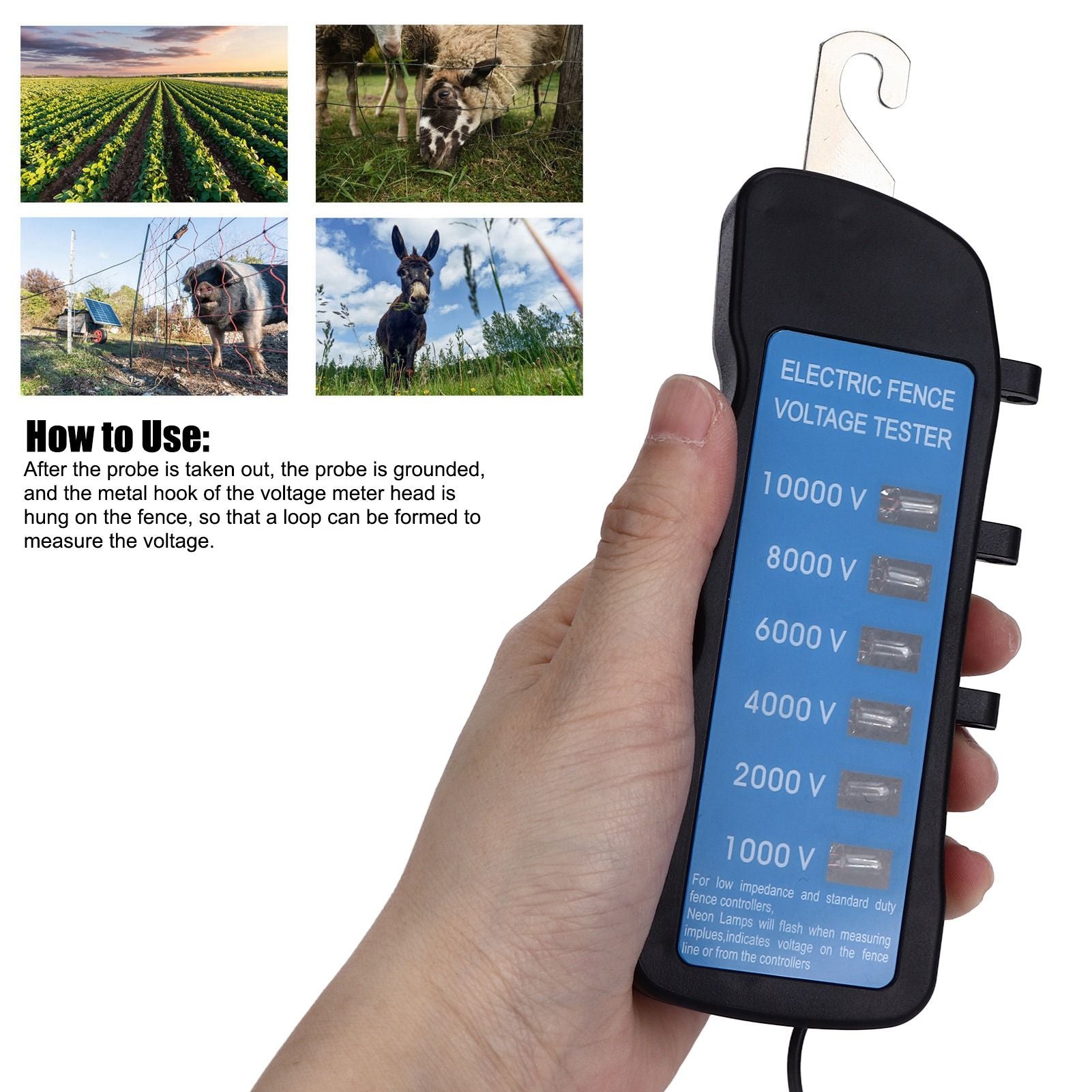 Electric Fence Tester Voltage Meter 10000V Waterproof Portable Tool with 6pcs Light for Farm V1294-YM0523-3111220063111