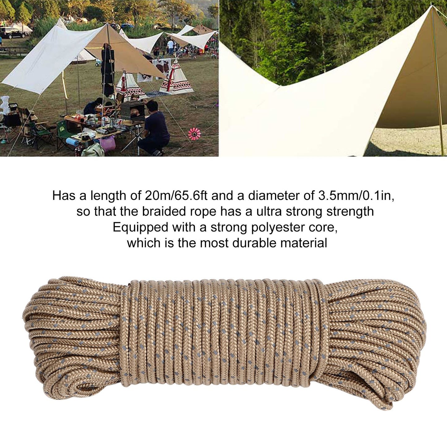 20m Camping Cord 3.5mm Diameter Reflective Tent Rope Camping High Strength Guyline for Ourdoor V1294-YM0523-3111220069411