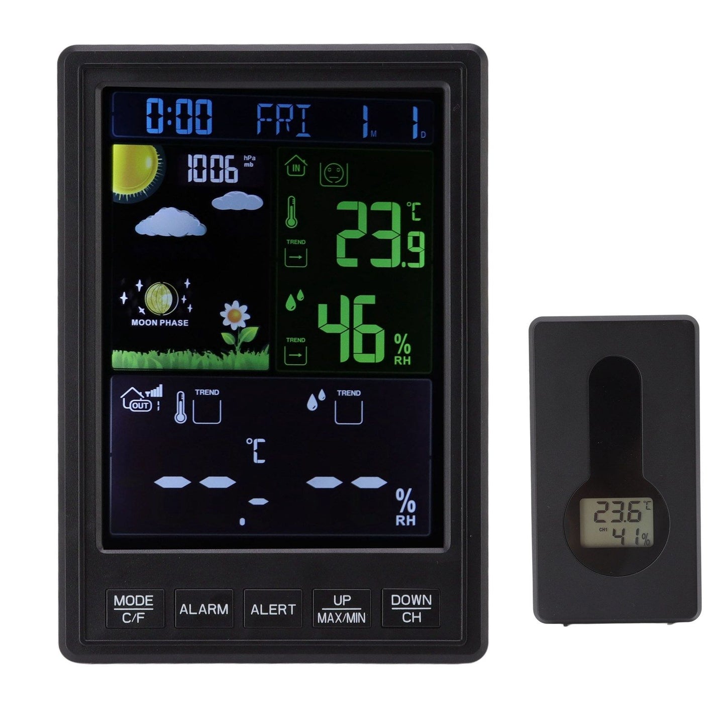 Weather Stations Wireless Indoor Outdoor Color Display Black 3 Channels Regulable Backlight Clock Thermometer V1294-YM0523-3111220087211
