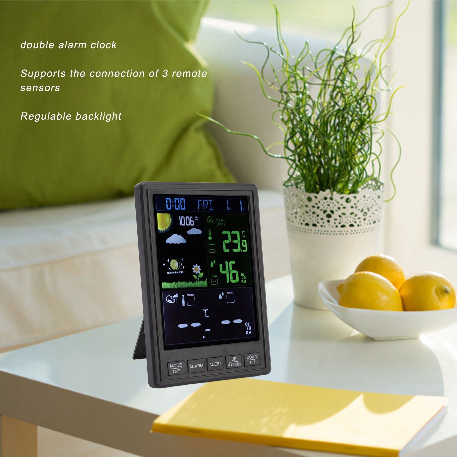 Weather Stations Wireless Indoor Outdoor Color Display Black 3 Channels Regulable Backlight Clock Thermometer V1294-YM0523-3111220087211