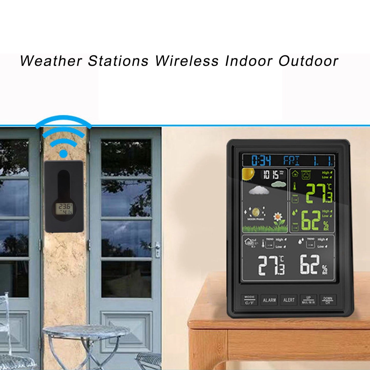Weather Stations Wireless Indoor Outdoor Color Display Black 3 Channels Regulable Backlight Clock Thermometer V1294-YM0523-3111220087211