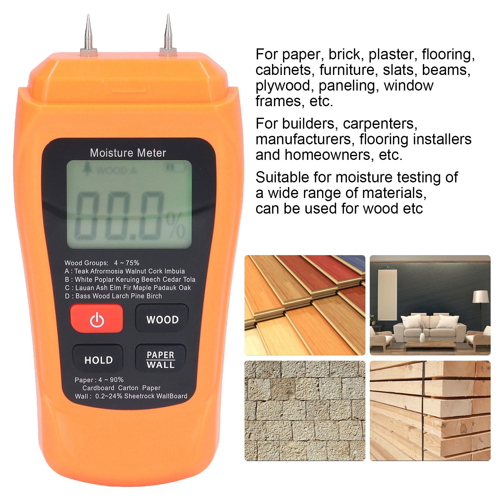 MT18 Digital Moisture Detector Backlit LCD Display Wood Moisture Meter for Wood Building Material Paper Floor V1294-YM0523-3111220094011