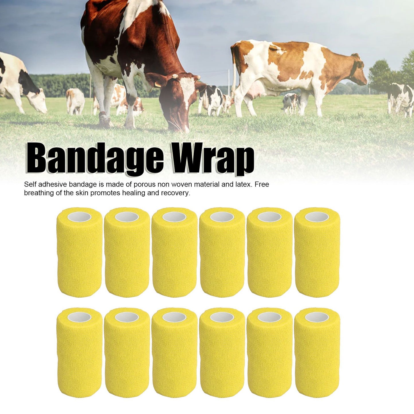 12Pcs Bandage Wrap Natural Latex Elastic Self Adhesive Wrap for Cows Dogs Horses 10cm Yellow V1294-YM0523-3111220104712
