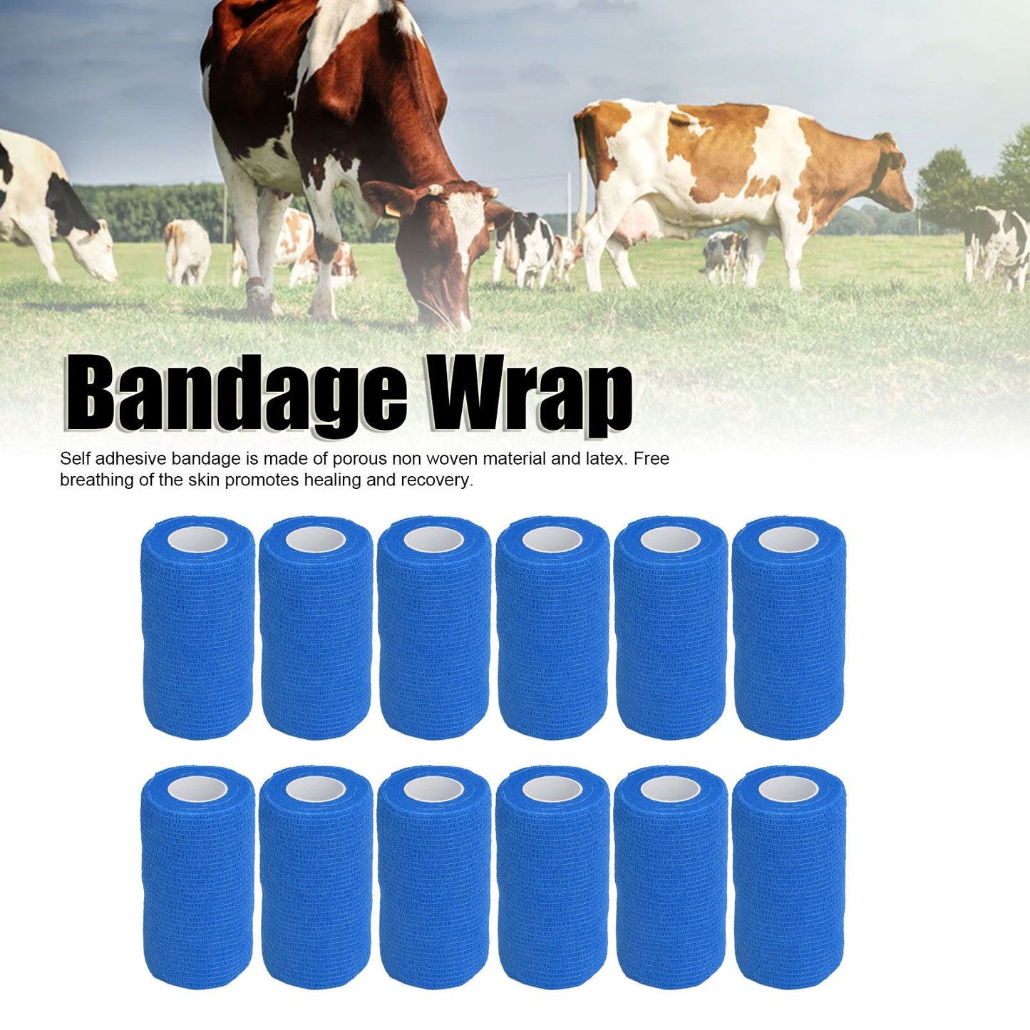 12Pcs Bandage Wrap Natural Latex Elastic Self Adhesive Wrap for Cows Dogs Horses 10cm Blue V1294-YM0523-3111220104713
