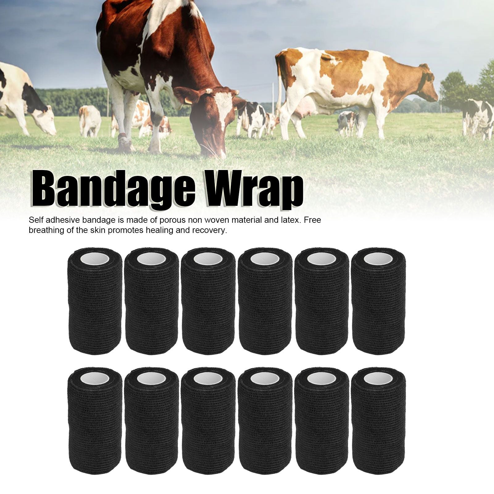 12Pcs Bandage Wrap Natural Latex Elastic Self Adhesive Wrap for Cows Dogs Horses 10cm Black V1294-YM0523-3111220104716