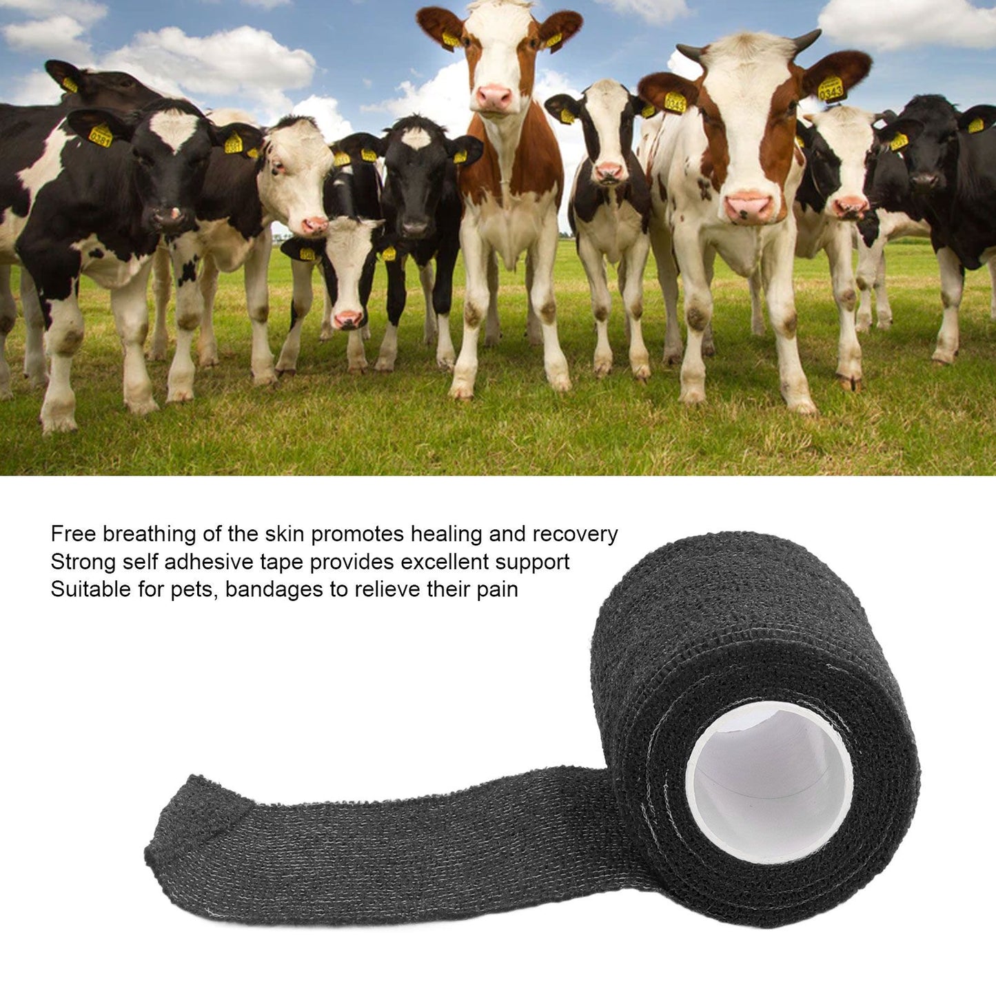 12Pcs Bandage Wrap Natural Latex Elastic Self Adhesive Wrap for Cows Dogs Horses 10cm Black V1294-YM0523-3111220104716