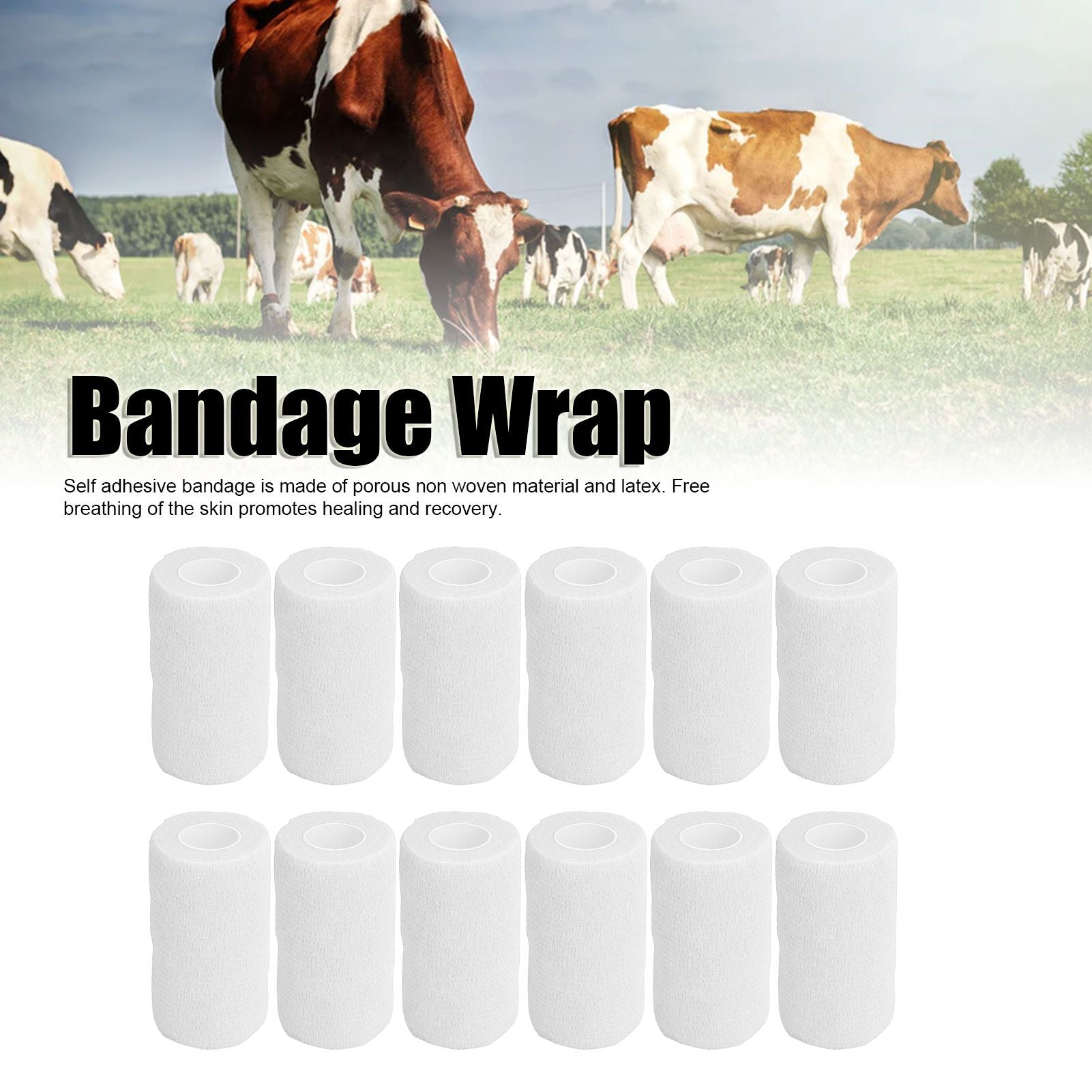 12Pcs Bandage Wrap Natural Latex Elastic Self Adhesive Wrap for Cows Dogs Horses 10cm White V1294-YM0523-3111220104717