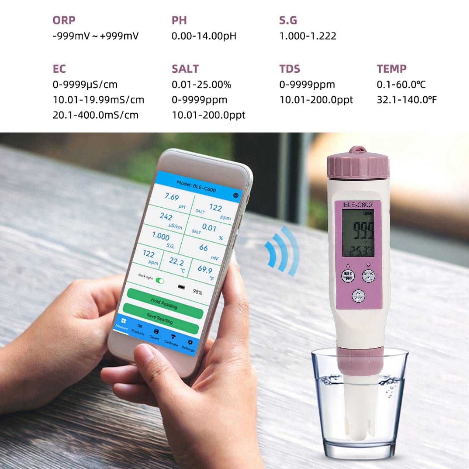 7 in 1 Bluetooth Water Quality Tester Automatically Save Data PH EC ORP Waterproof Salinity Meter for Water V1294-YM0523-3111220110211