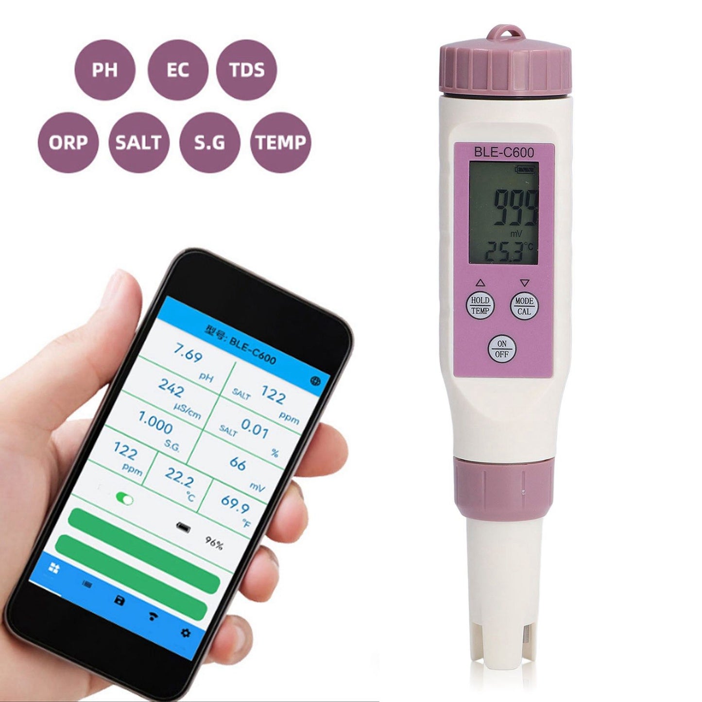 7 in 1 Bluetooth Water Quality Tester Automatically Save Data PH EC ORP Waterproof Salinity Meter for Water V1294-YM0523-3111220110211
