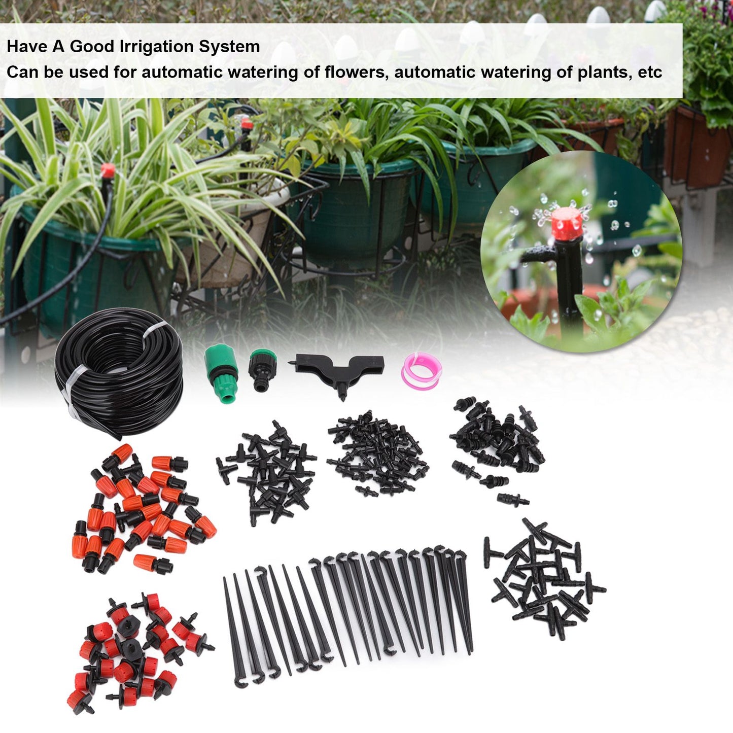 49.2ft Drip Irrigation Kit Adjustable Automatic Atomizing Watering System for Potted Plants Garden Greenhouse V1294-YM0523-3111220113711