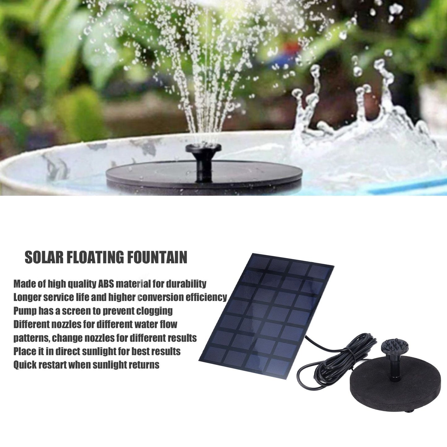 Solar Fountain Multifunctional Solar Powered Floating Fountain for Birdbath Pond Pool Fish Tank 7V 2.5W V1294-YM0523-3111220123511