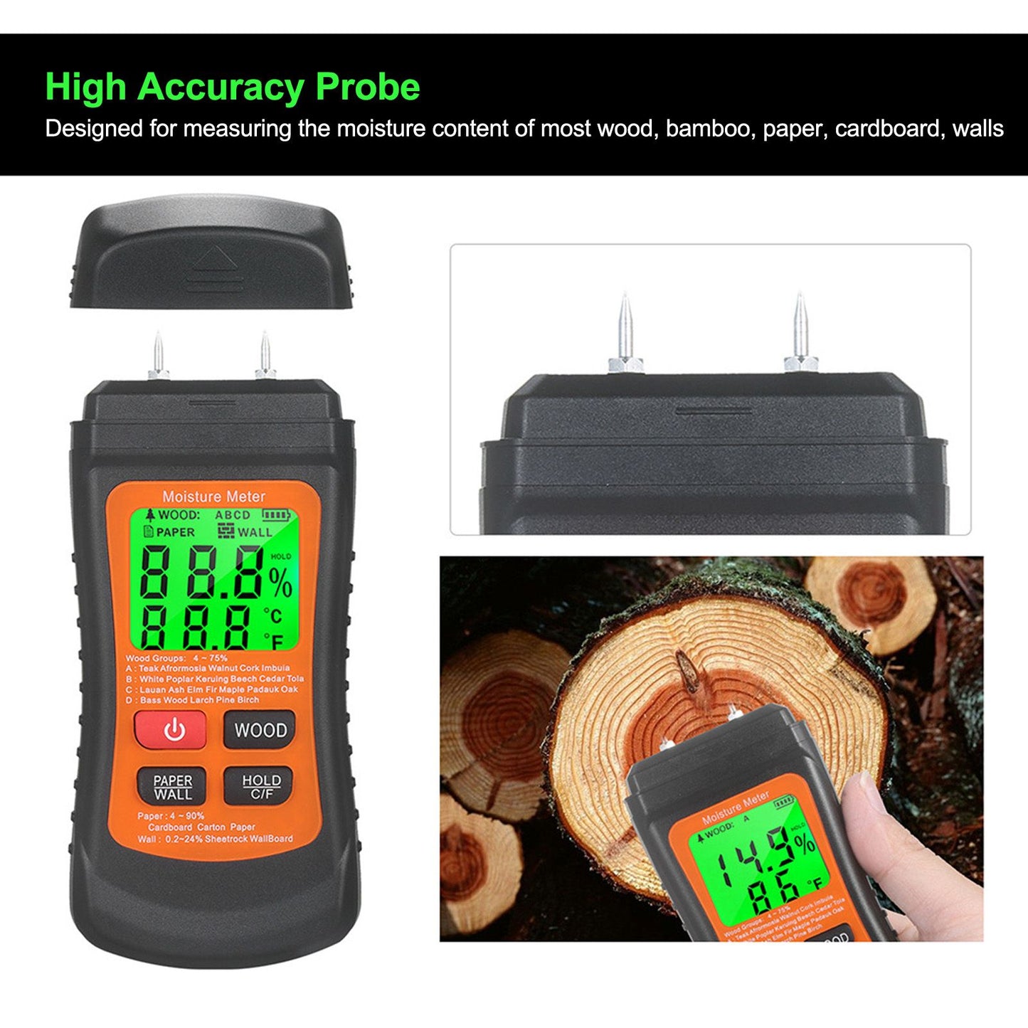 Moisture Meter Wood Moisture Detector Intelligent Temperature Humidity Measuring Digital Pin Type Instrument V1294-YM0523-3111220123911