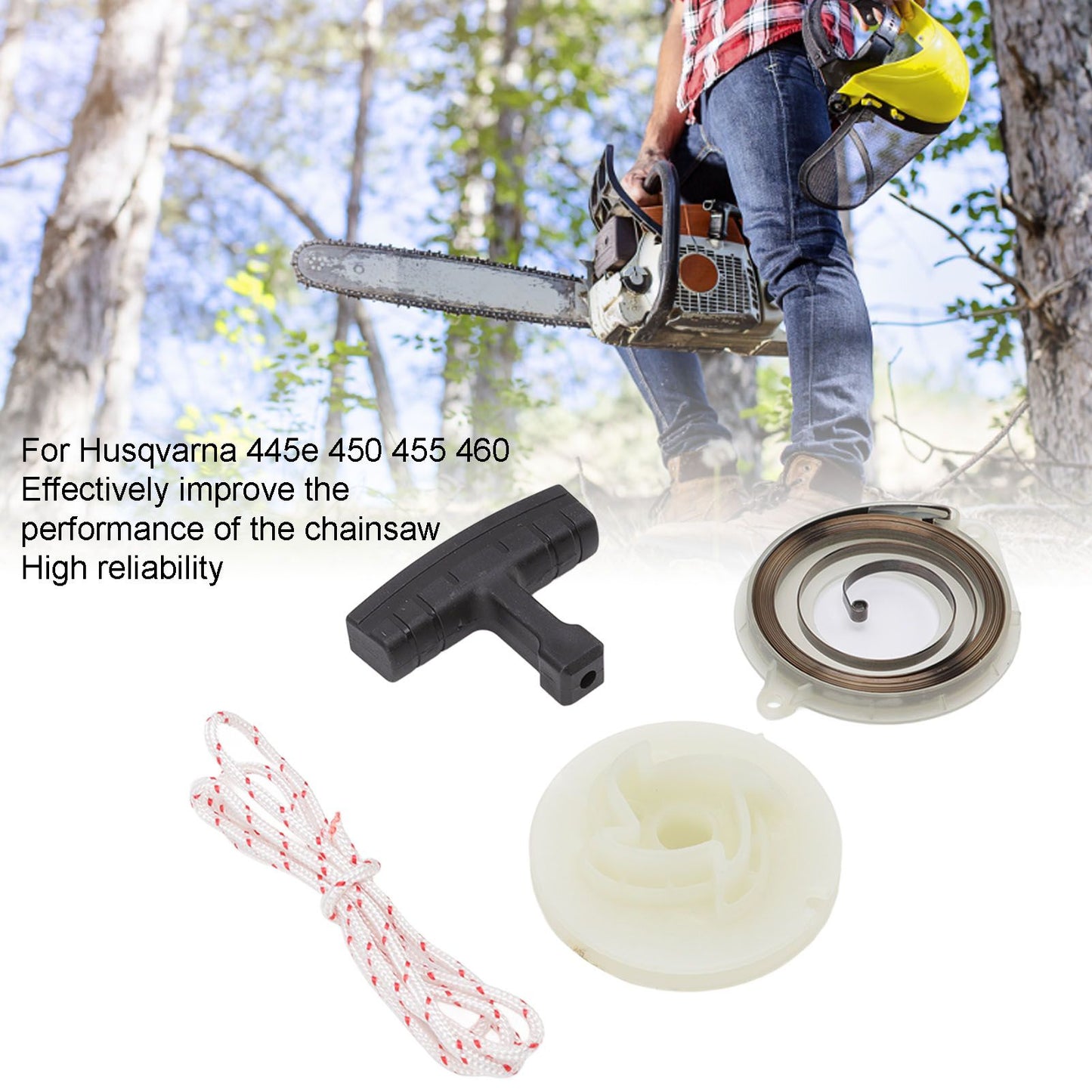 Starter Pulley Replacement Pull Start Pulley Spring Grip Rope Kit for Husqvarna 445e 450 455 460 V1294-YM0523-3111220129111