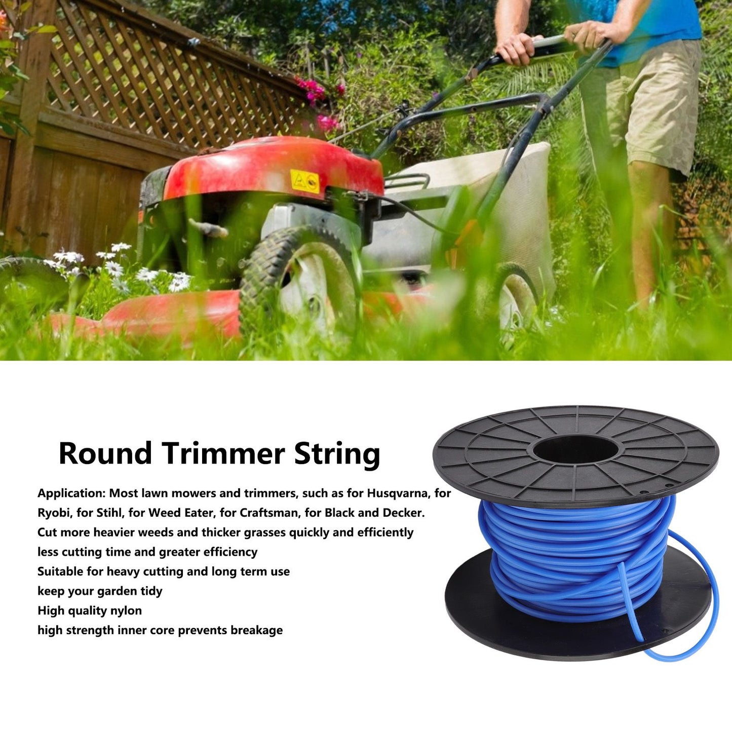 Lawn Mower Trimmer Line Round 4mm Thick 30m Long Blue Replacement for Black and Decker V1294-YM0523-3111220130011
