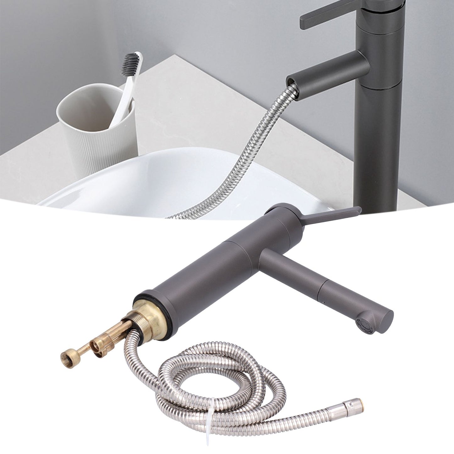 G1/2 Above Counter Basin Pull Out Faucet Set Cold Hot Mixing Water Tap with Water Pipes for Home Bathroom Gray V1294-YM0523-3112210104511
