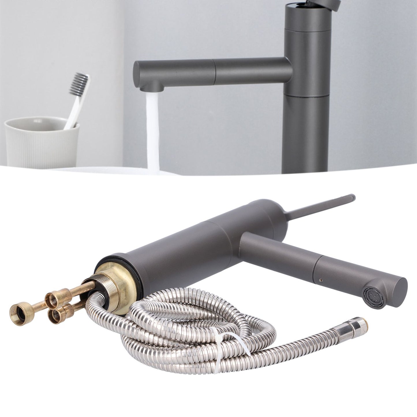 G1/2 Above Counter Basin Pull Out Faucet Set Cold Hot Mixing Water Tap with Water Pipes for Home Bathroom Gray V1294-YM0523-3112210104511