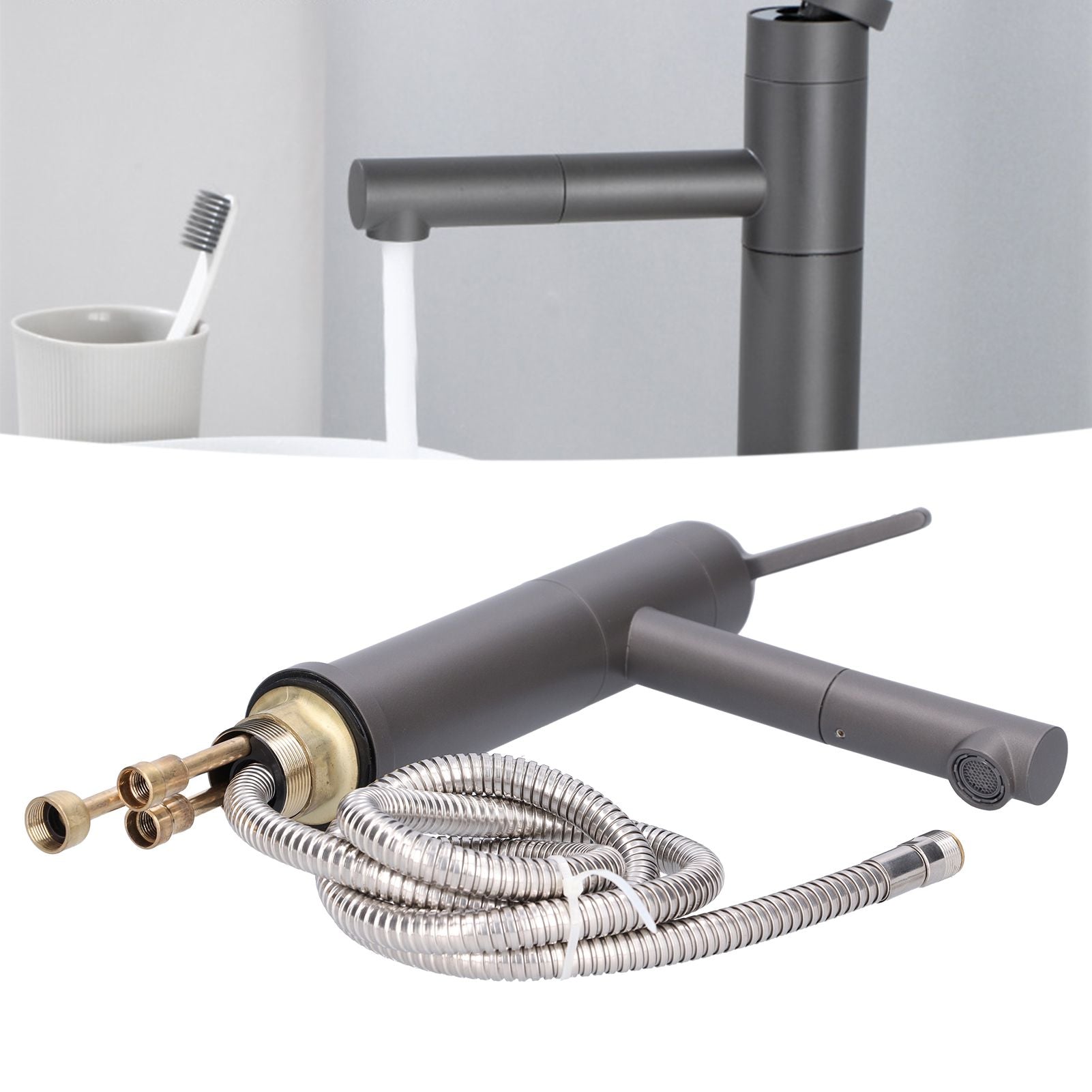 G1/2 Above Counter Basin Pull Out Faucet Set Cold Hot Mixing Water Tap with Water Pipes for Home Bathroom Gray V1294-YM0523-3112210104511
