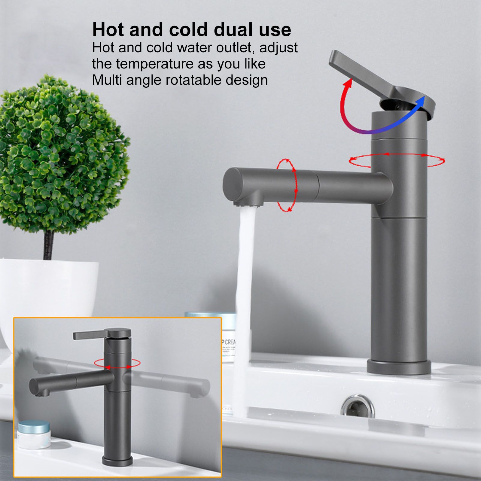 G1/2 Above Counter Basin Pull Out Faucet Set Cold Hot Mixing Water Tap with Water Pipes for Home Bathroom Gray V1294-YM0523-3112210104511