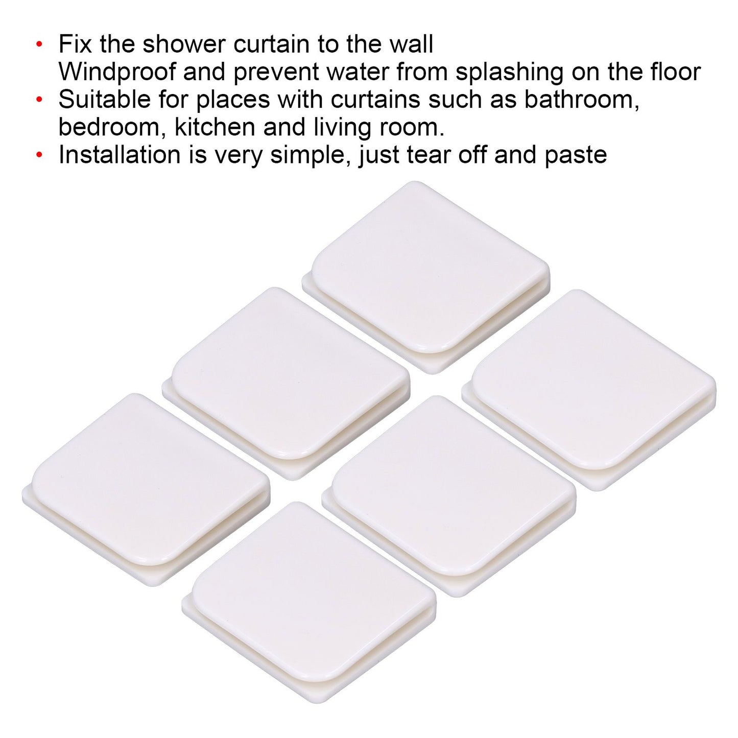 6Pcs/Set Shower Splash Curtain Clips White Self Adhesive 4.5x5cm for Home Bathroom Bedroom Living Room Kitchen V1294-YM0523-3112210122511