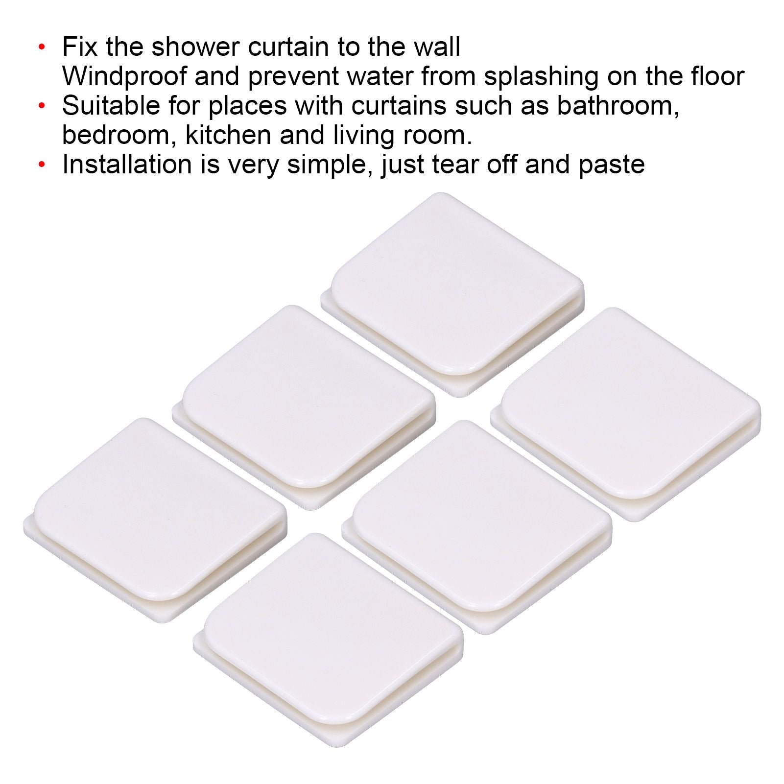 6Pcs/Set Shower Splash Curtain Clips White Self Adhesive 4.5x5cm for Home Bathroom Bedroom Living Room Kitchen V1294-YM0523-3112210122511