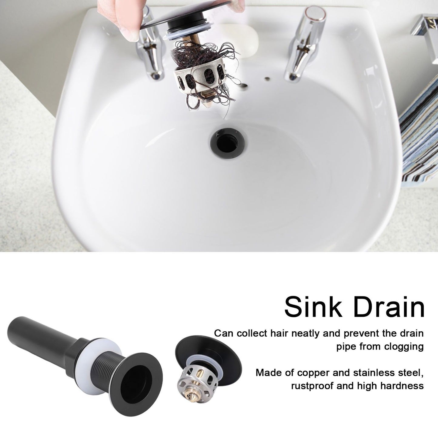 Round Popup Sink Drain Copper Stainless Steel Drain Stopper with Filter Basket Bathroom Accessory for V1294-YM0523-3112220002611