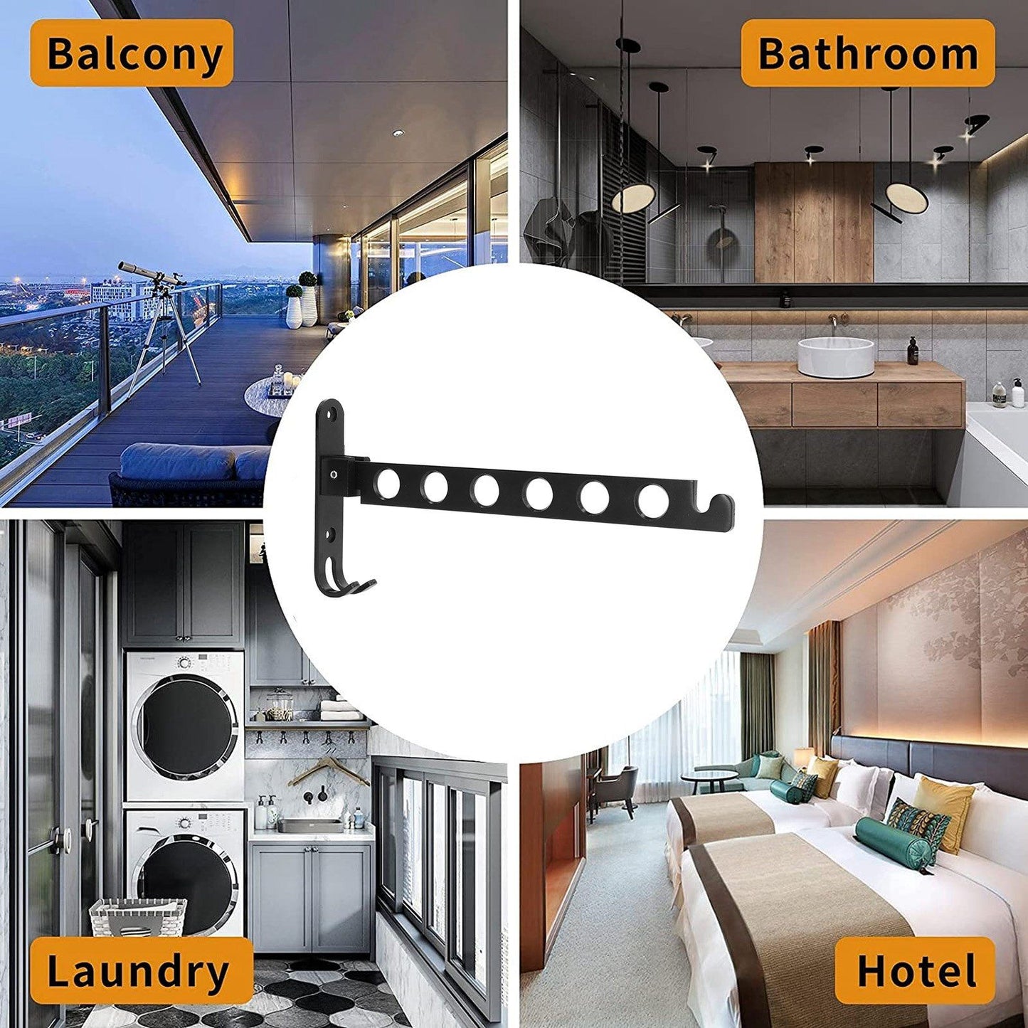 Folding Clothes Hanger Space Saving 90 degrees Collapsible Laundry Drying Rack with 6 Holes Black V1294-YM0523-3112220008311