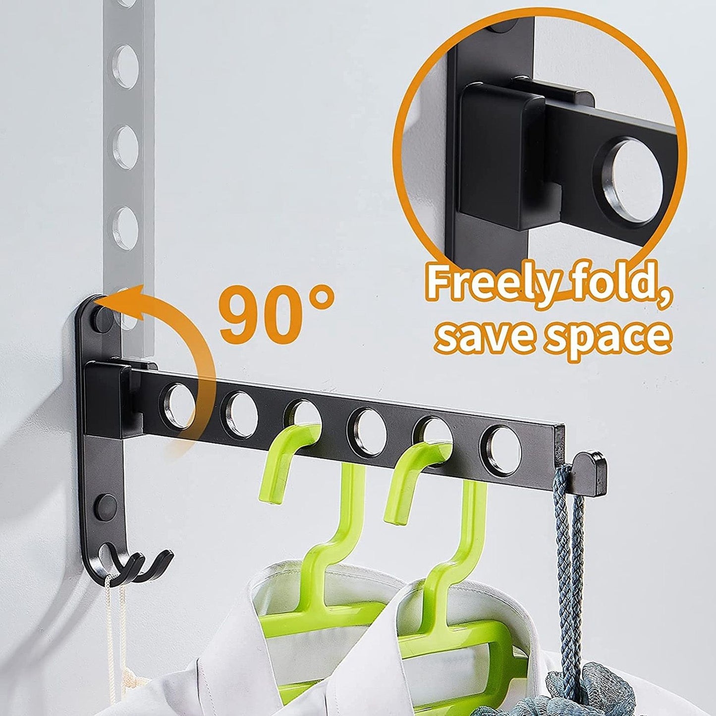 Folding Clothes Hanger Space Saving 90 degrees Collapsible Laundry Drying Rack with 6 Holes Black V1294-YM0523-3112220008311