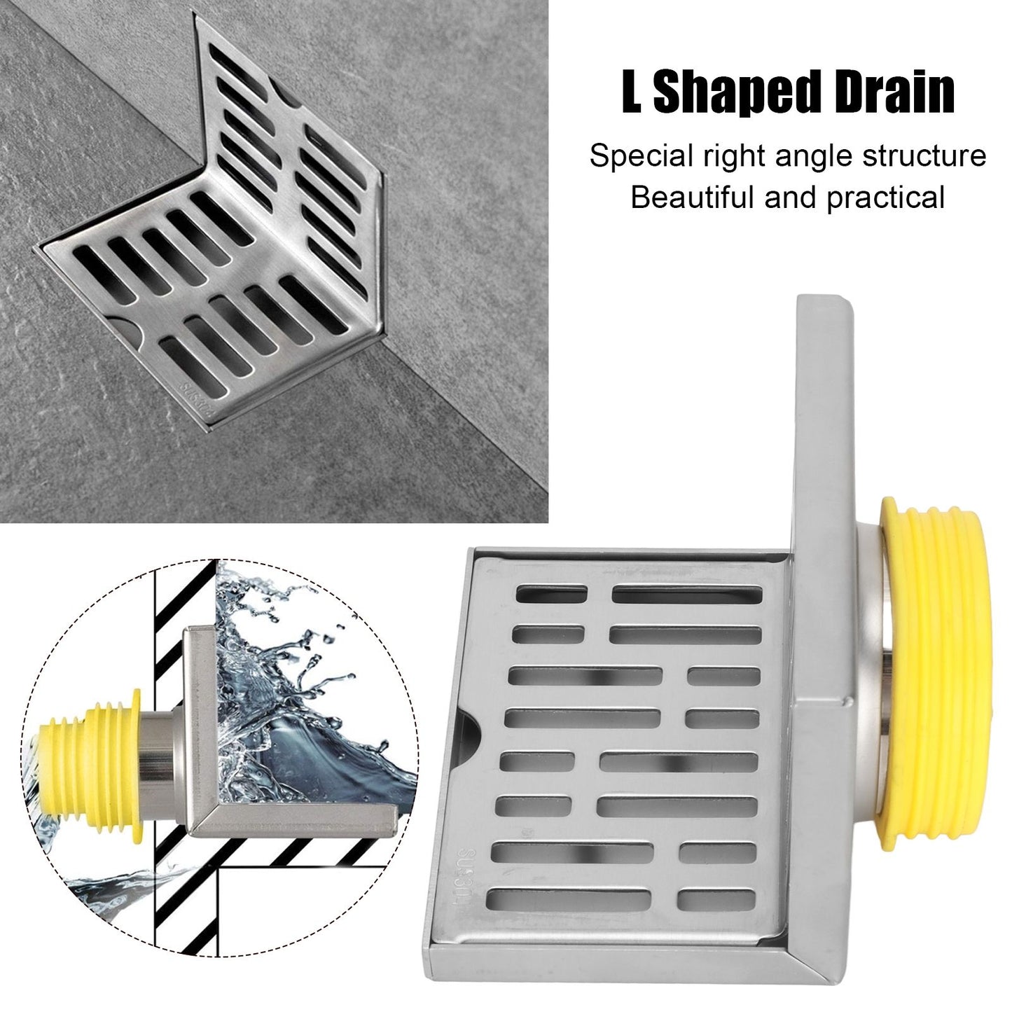 Corner Floor Drain L Shaped Surfaces Drawing Process Corrosion Resistant Anti Rust Side Floor Drain for 2.3in V1294-YM0523-3112220012411