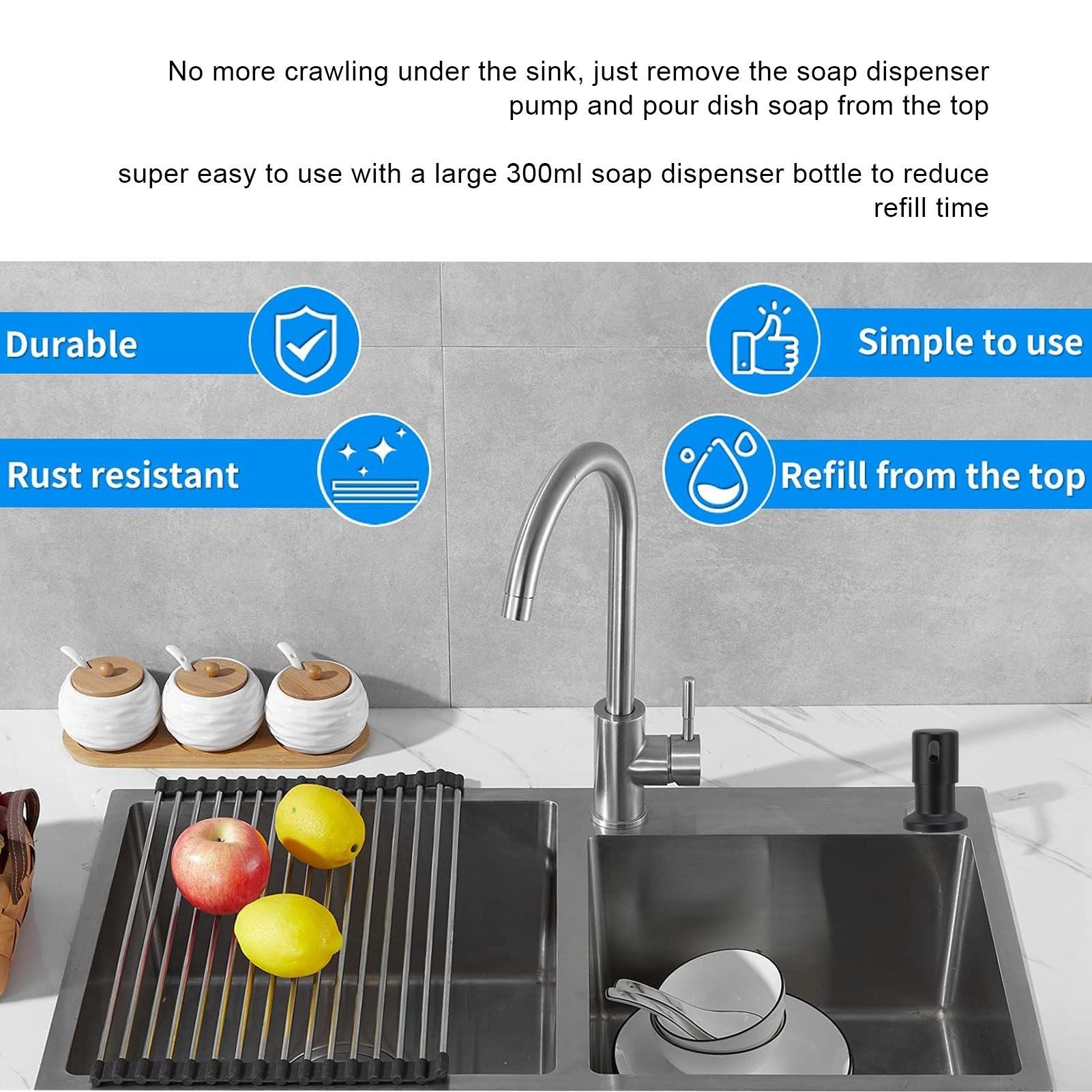 300ml Kitchen Sink Soap Dispenser Stainless Steel 360 degrees Rotation Multifunctional Soap Dispenser for V1294-YM0523-3112220029911